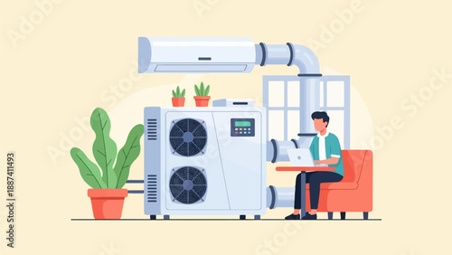 Person using laptop next to HVAC system and plants