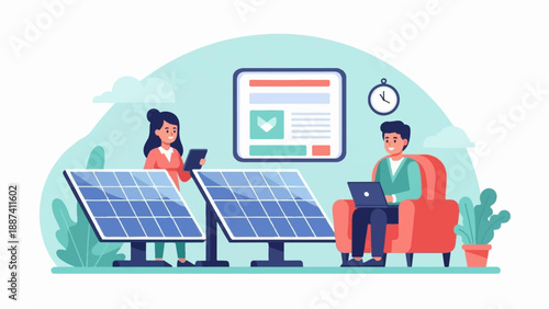 People working with solar panels and digital devices, illustrating renewable energy