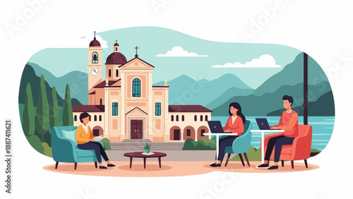 People work on laptops near a scenic lake with a church