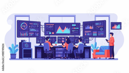 People working in a data analysis room with multiple screens