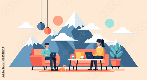 People working on laptops on sofas with mountains in background