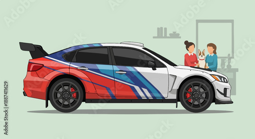 Performance vehicle with dynamic graphics and two people with a dog