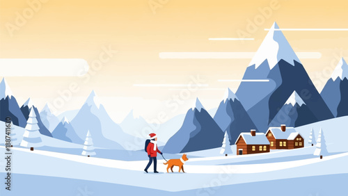 Person walking dog in snowy mountain landscape with cabins