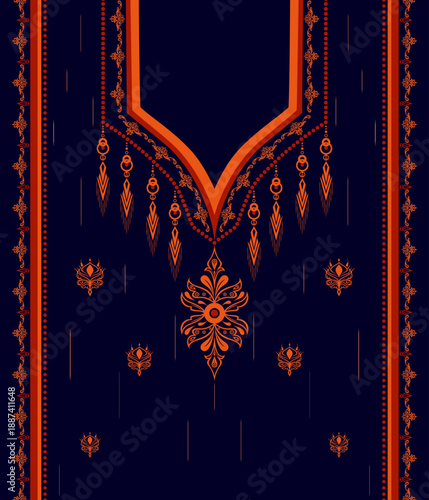 Luxury Ethnic Garment Panel with Neckline and Border Pattern Vector