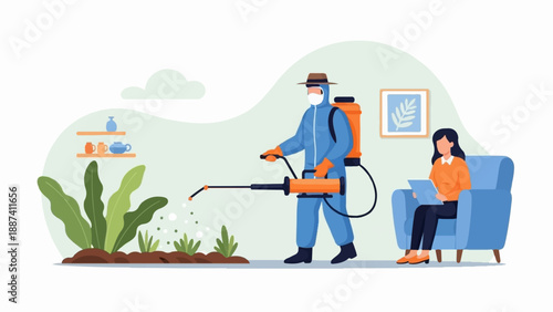 Person in protective suit sprays plants while another relaxes indoors