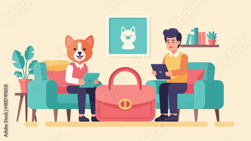 Person and anthropomorphic dog sit on sofas, each holding a tablet device