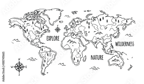 World map illustration with explore, nature and wilderness text and compass, global continents outline