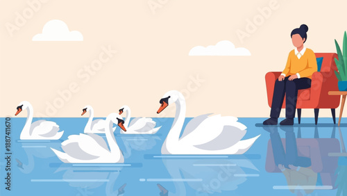 Person watches swans glide on tranquil water, with clouds overhead