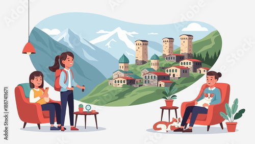 People relaxing indoors while a mountain village scene unfolds