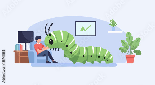 Person watching a giant caterpillar in a living room