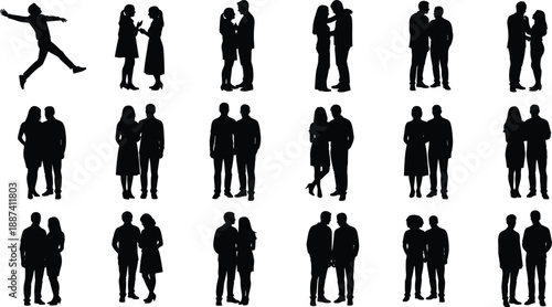 People silhouette collection showing couples and social interactions, romantic relationships, friendship, communication, love, togetherness, lifestyle ,  black figures isolated on white background