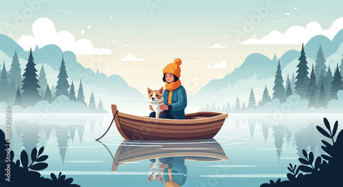 Person and dog in a rowboat on a misty lake surrounded by evergreen trees