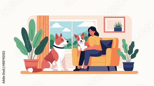 Person relaxing with two dogs in a cozy indoor setting with plants
