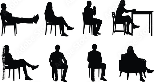 Seated people silhouette collection showing men and women sitting on chairs and furniture in relaxed and formal poses, waiting, meeting, interview and lifestyle concepts, isolated on white background