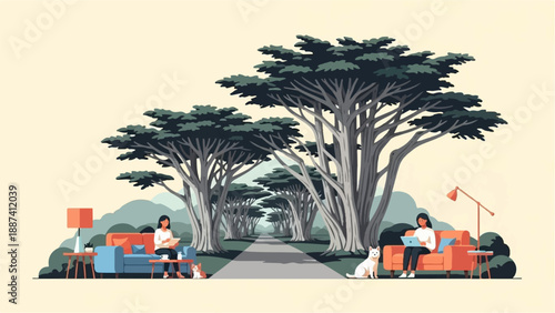People relaxing outdoors with dogs under large trees
