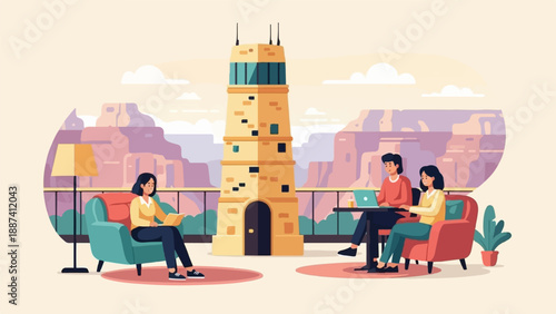 People work remotely from a balcony overlooking canyons with a tower