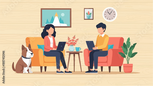 People working on laptops with a dog and plant in a cozy room