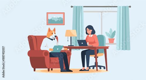 Person and dog in formal attire in office meeting