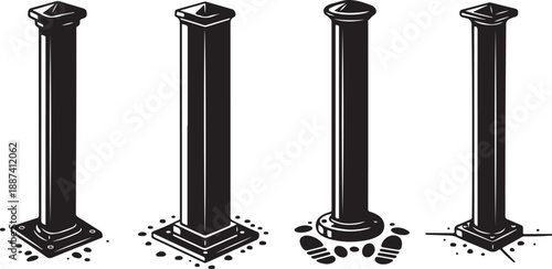 Four black pillars standing on various bases and grounds