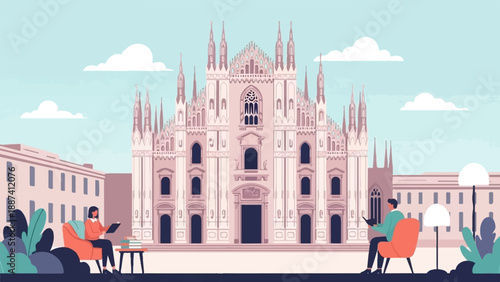 People relaxing with a book and phone in front of a grand cathedral