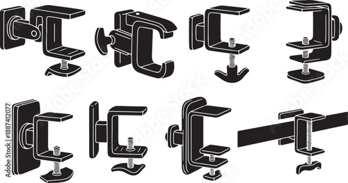 Detailed illustrations of various metal clamp designs and functions