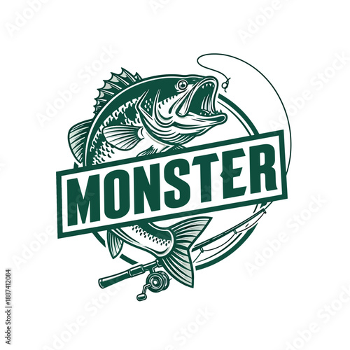 Dynamic Angling Sport Emblem with Game Fish and Fishing Equipment Illustration