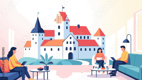 People work remotely from home with a castle backdrop