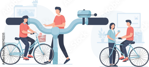 People riding bicycles near a large pipe structure with a bell