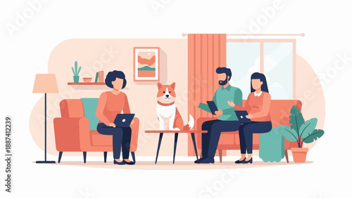 People working on laptops with a dog in a cozy living room