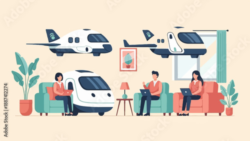 People work remotely with futuristic transport vehicles in the background
