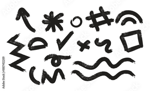 A collection of abstract symbols and shapes in black on a white background