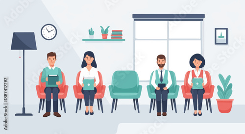 People seated in a waiting area with a clock and plants