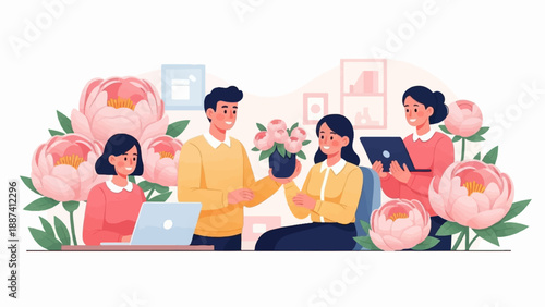 People interacting with flowers and technology in an office setting