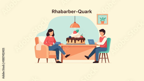 People sharing cake and working on laptops in a cozy room