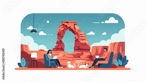 People work remotely with pets in a desert landscape with a rock arch