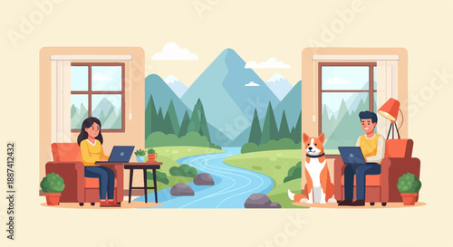 People working on laptops with a dog by a scenic river and mountain view