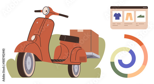 E-commerce, logistics, online shopping, delivery services, transportation, infographic design. Red scooter with a package, an online store interface and chart elements. E-commerce and logistics