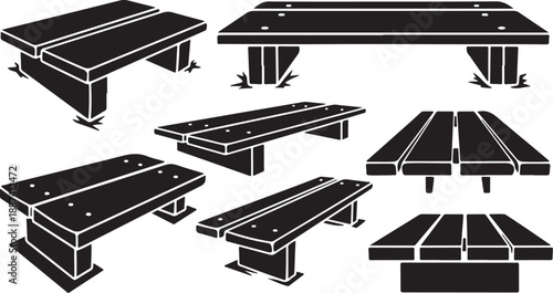 Collection of black benches in various styles and angles