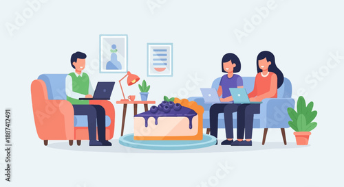 People working on laptops with a pie on a table