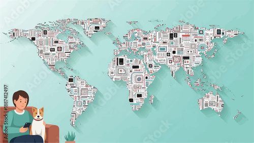 Person and dog relax on couch with world map made of circuitry