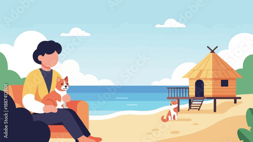 Person and dogs relax by a beach hut with ocean waves under a sky