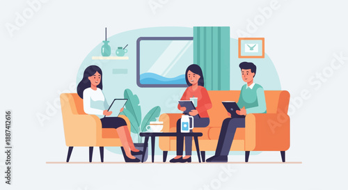 People sitting on couch, using tablets, coffee table with drinks