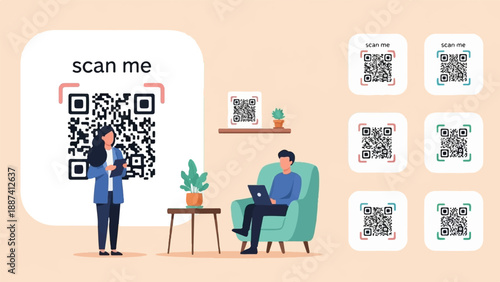 People interacting with QR codes in a modern living space