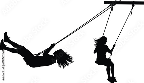 Silhouette of children playing on swing set, joyful childhood moment, freedom and fun concept, outdoor playground activity, happiness, motion, black figures isolated on white background