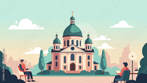 People study near a grand domed building with trees and clouds