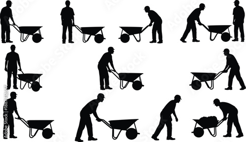Worker silhouette set showing construction laborer using wheelbarrow in multiple poses, manual work, industry, building activity, teamwork, physical effort, black figures isolated on white background
