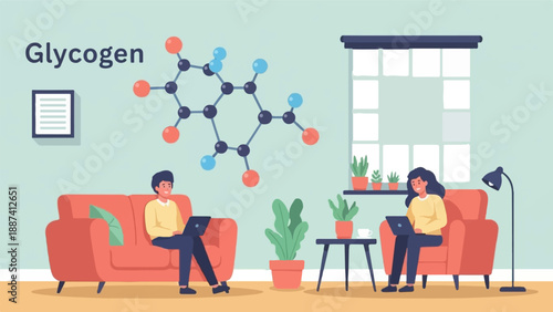 People studying glycogen molecules at home with laptops and plants