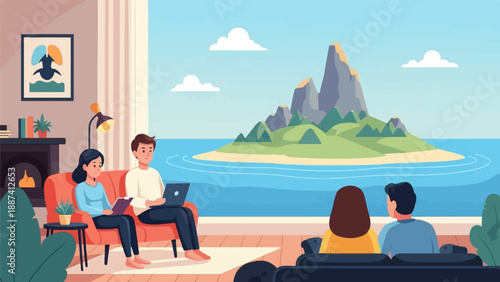 People relax indoors with laptop and book, admiring island view