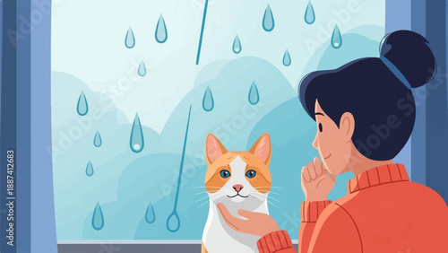 Person and pet gaze out window at falling rain