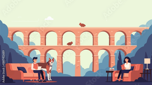 People relax near a bridge with animals on it under a pale sky